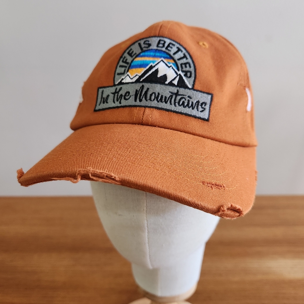 Unisex Life is Better in The Mountains Distressed Embroidered Hat Orange
